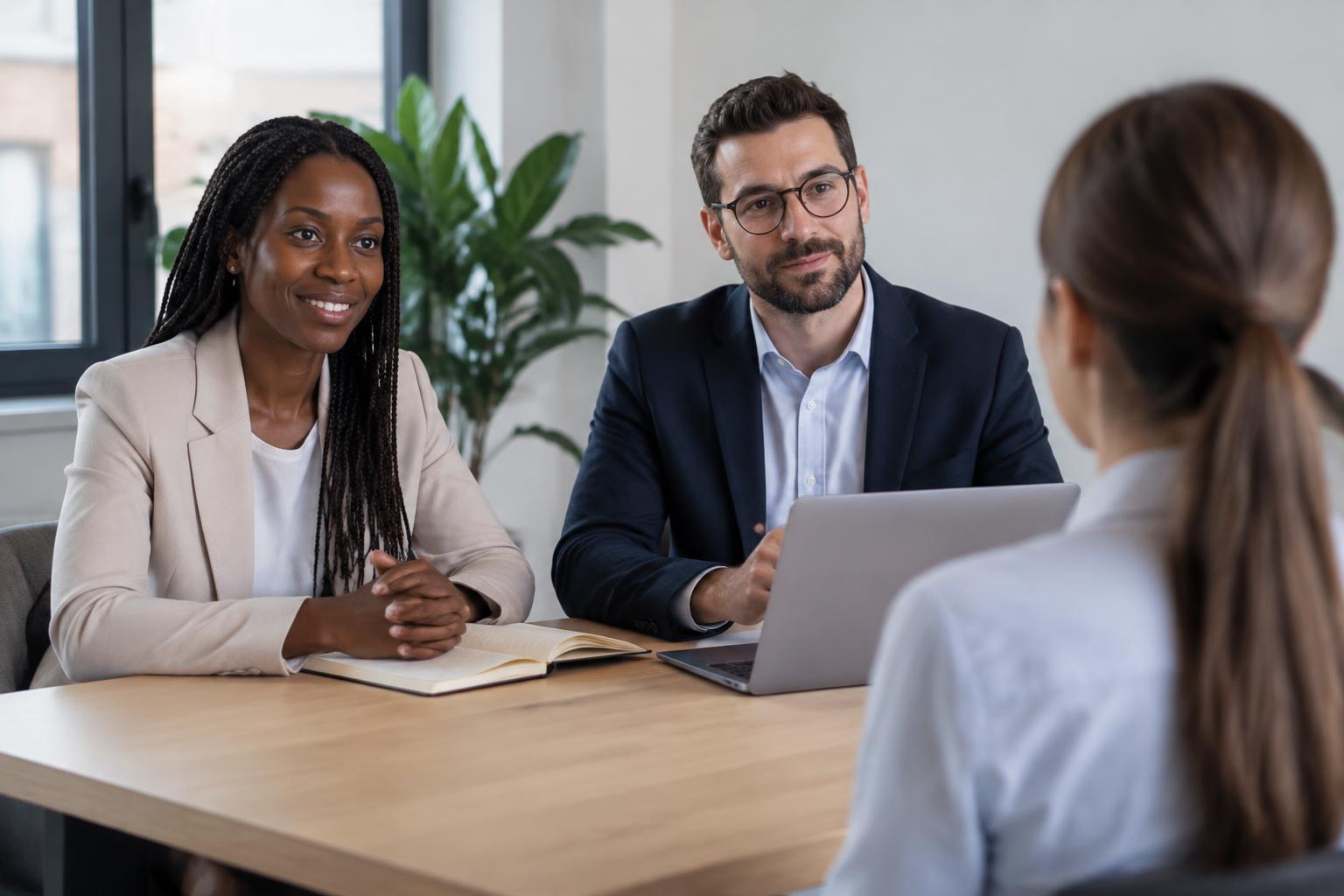 Two hiring managers interviewing a candidate at a meeting table