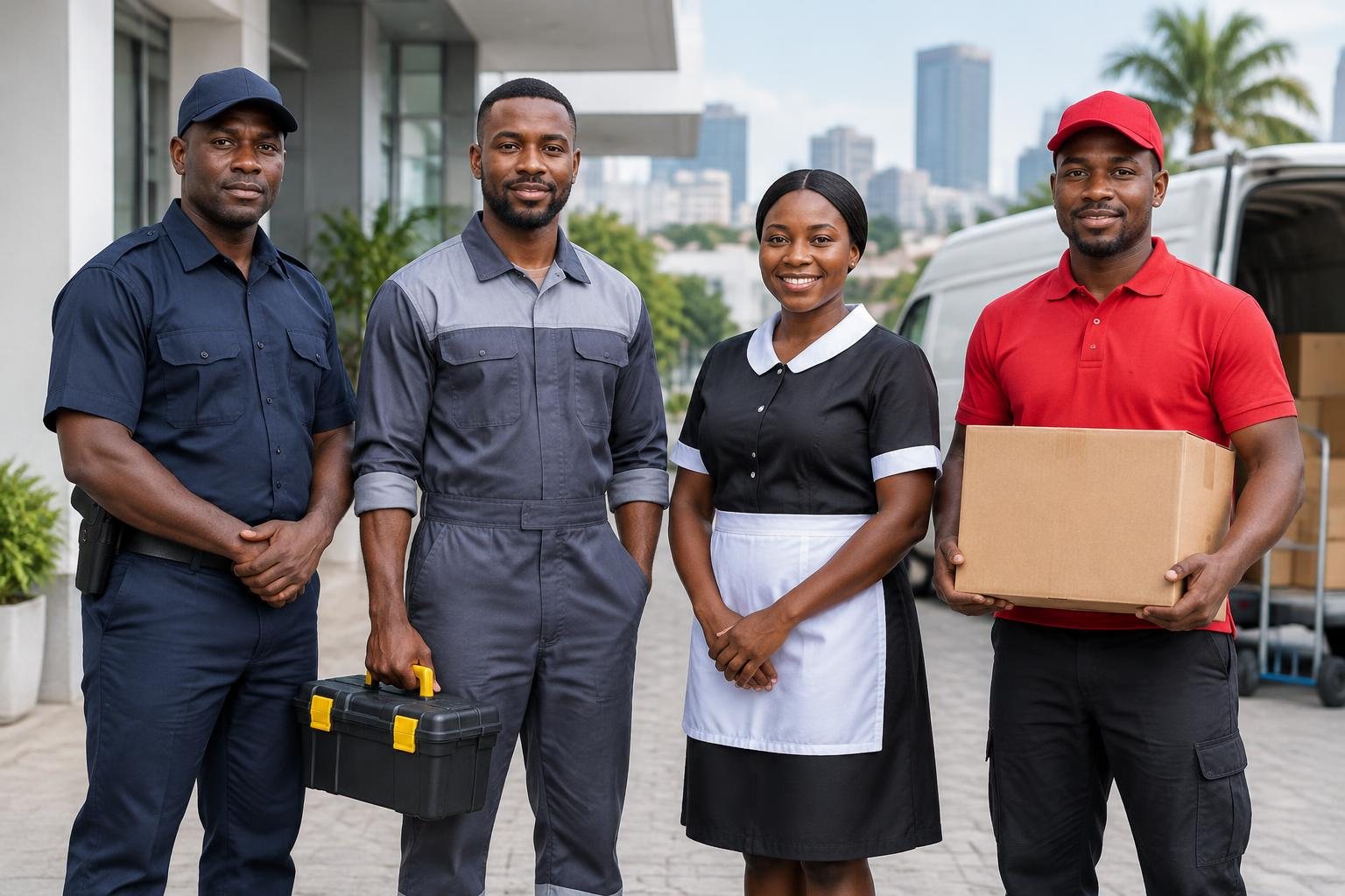 A welder, a security officer, a delivery driver and a facilities cleaner in Lagos