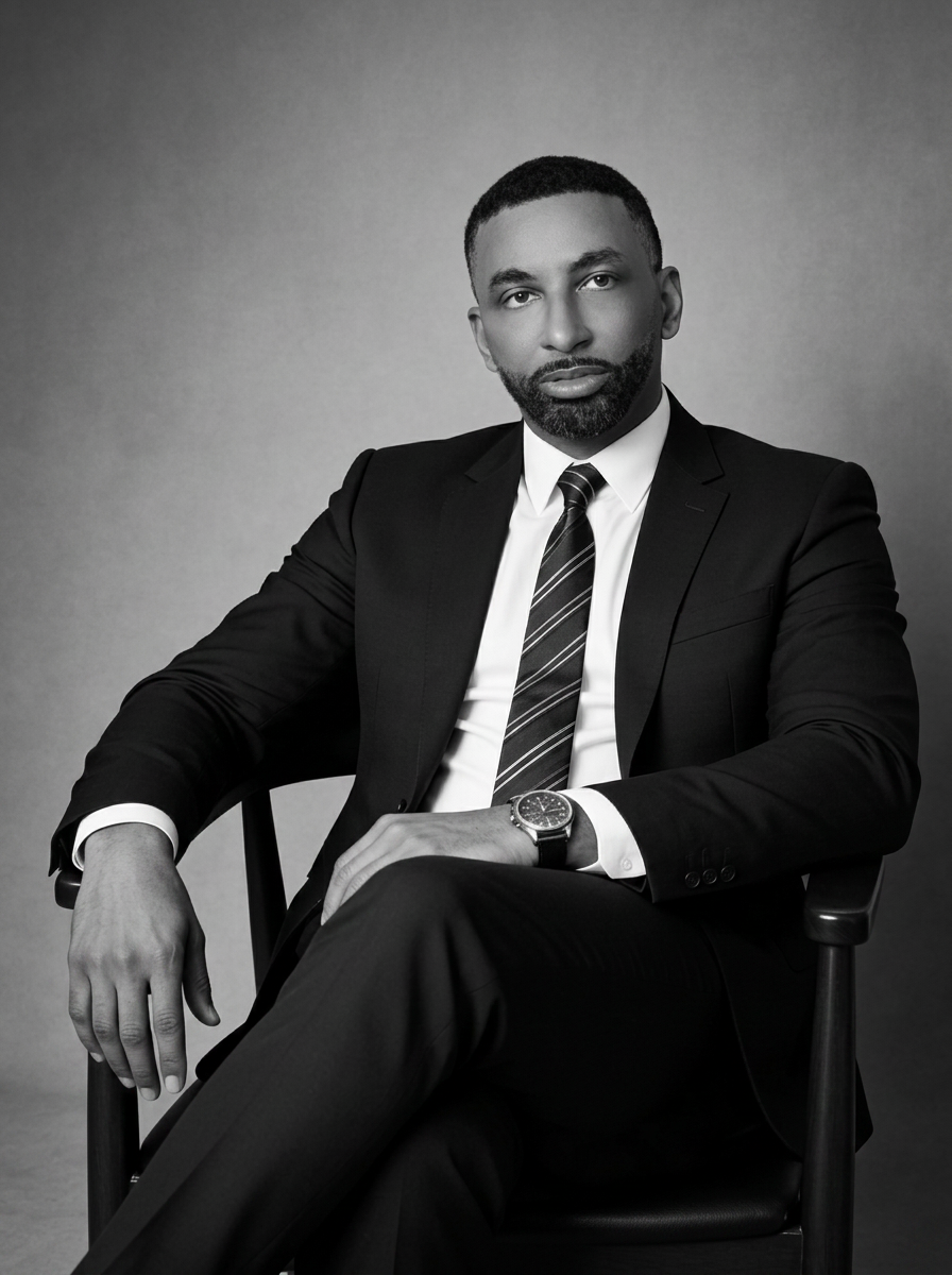 Black and white portrait of Moshood Ade Balogun, CEO and Founder of TalentX